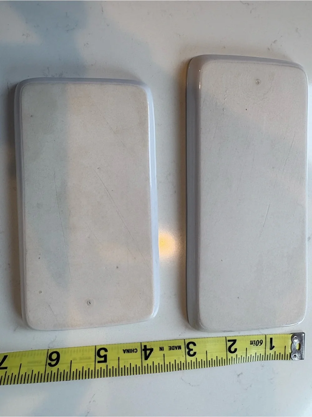Pottery Barn White Ceramic Trinket Trays with Gold Lettering - OMG & LOL